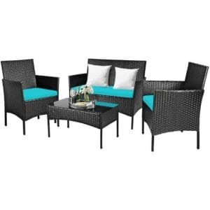 Rattan Cushioned Sofa Furniture Set with Coffee Table-Turquoise