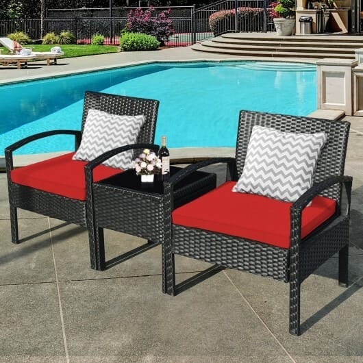 3 Pieces Outdoor Rattan Patio Conversation Set -Red - Image 2