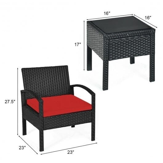 3 Pieces Outdoor Rattan Patio Conversation Set -Red - Image 4