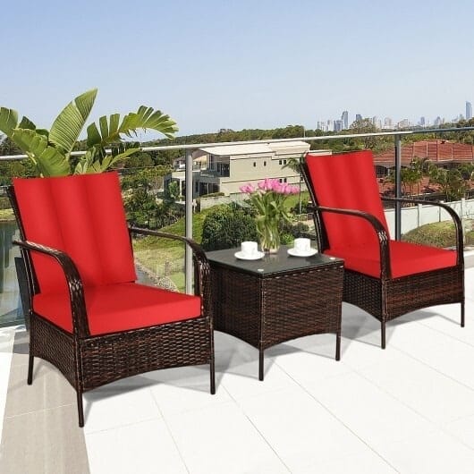 3 Pcs Patio Rattan Furniture Set with Glass Top Coffee Table - Red - Image 4