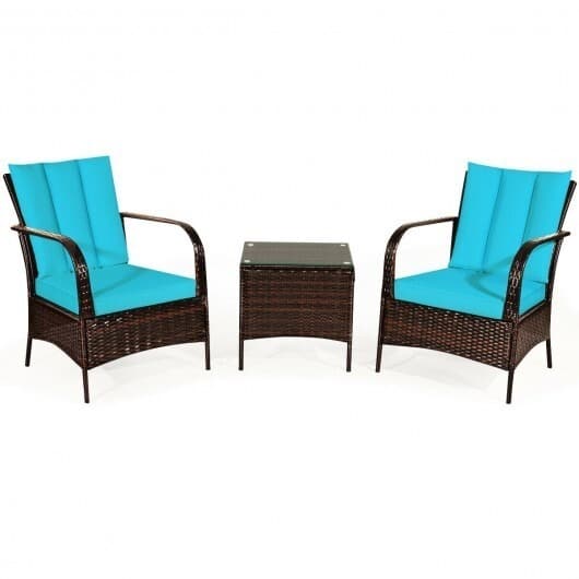 3 Pcs Patio Rattan Furniture Set with Glass Top Coffee Table