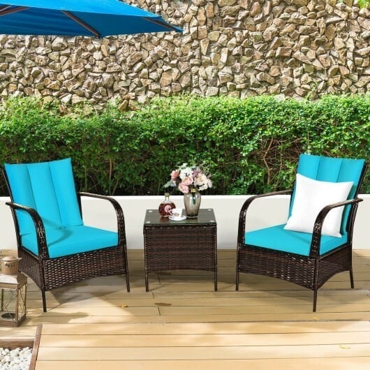 3 Pcs Patio Rattan Furniture Set with Glass Top Coffee Table - Image 4