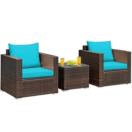 3 Pcs Patio Conversation Rattan Furniture Set with Cushion