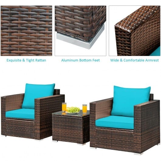 3 Pcs Patio Conversation Rattan Furniture Set with Cushion - Image 6