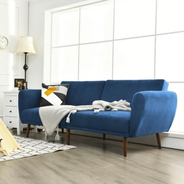 Modern Scandinavian Blue Linen Upholstered Sofa Bed with Wooden Legs - Image 2