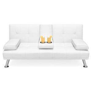 White Faux Leather Convertible Sofa Futon with 2 Cup Holders
