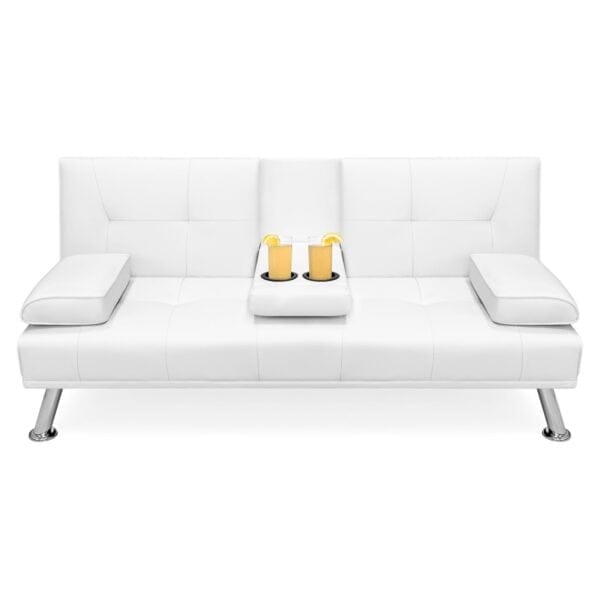 White Faux Leather Convertible Sofa Futon with 2 Cup Holders