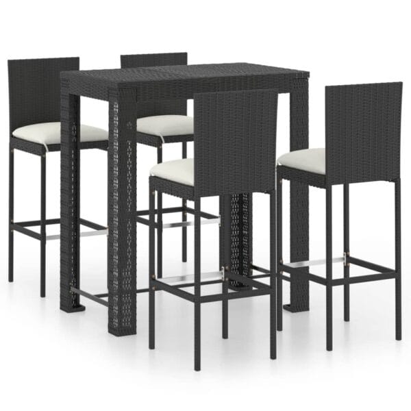VidaXL 5 Piece Patio Bar Set with Cushions Poly Rattan, Black - Image 2