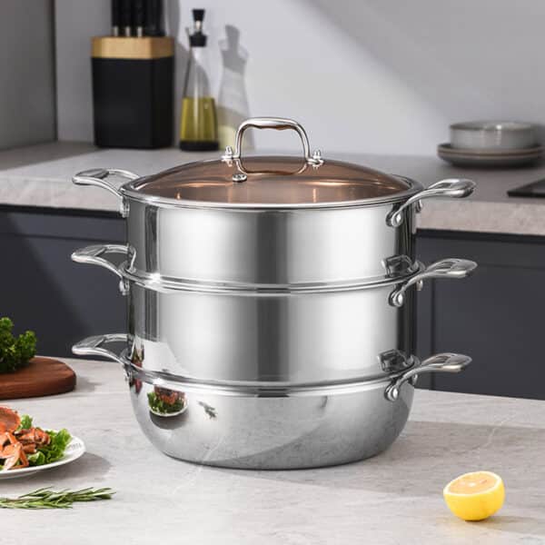 SOGA 3 Tier 32cm Heavy Duty Stainless Steel Food Steamer Vegetable Pot Stackable Pan Insert with Glass Lid - Image 8