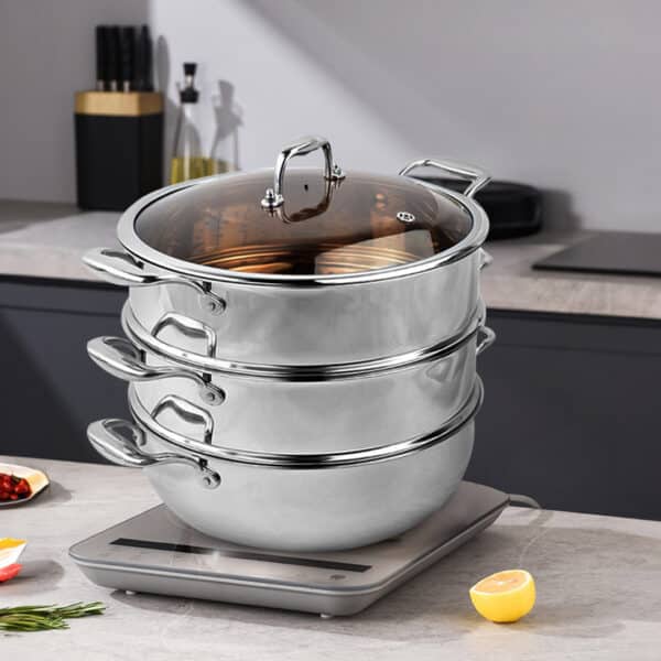 SOGA 3 Tier 30cm Heavy Duty Stainless Steel Food Steamer Vegetable Pot Stackable Pan Insert with Glass Lid - Image 6