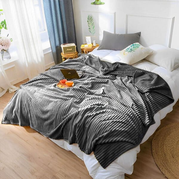 SOGA Grey Throw Blanket Warm Cozy Striped Pattern Thin Flannel Coverlet Fleece Bed Sofa Comforter - Image 11