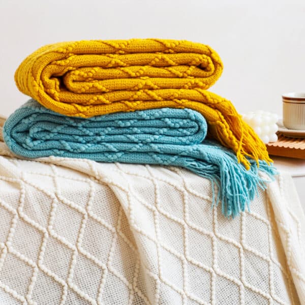 SOGA Yellow Diamond Pattern Knitted Throw Blanket Warm Cozy Woven Cover Couch Bed Sofa Home Decor with Tassels - Image 3