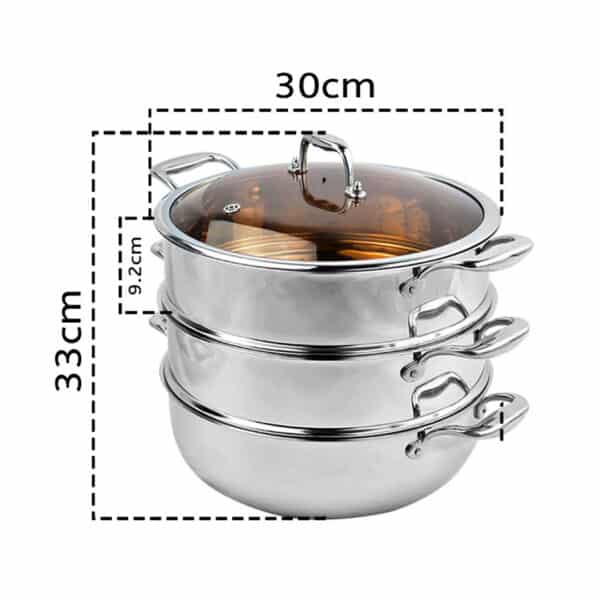 SOGA 3 Tier 30cm Heavy Duty Stainless Steel Food Steamer Vegetable Pot Stackable Pan Insert with Glass Lid - Image 5