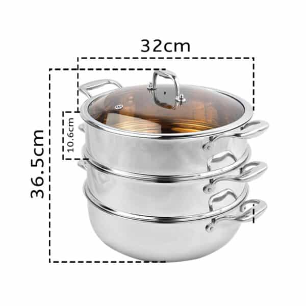 SOGA 3 Tier 32cm Heavy Duty Stainless Steel Food Steamer Vegetable Pot Stackable Pan Insert with Glass Lid - Image 2
