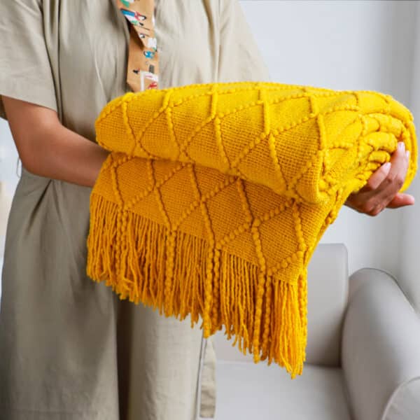 SOGA Yellow Diamond Pattern Knitted Throw Blanket Warm Cozy Woven Cover Couch Bed Sofa Home Decor with Tassels - Image 4