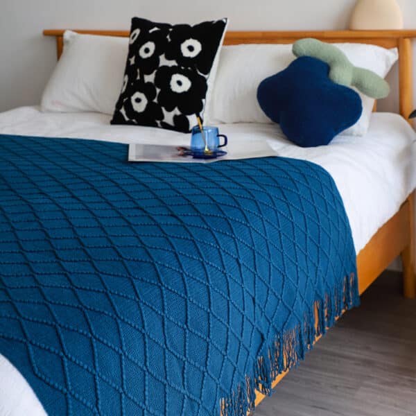 SOGA Royal Blue Diamond Pattern Knitted Throw Blanket Warm Cozy Woven Cover Couch Bed Sofa Home Decor with Tassels - Image 6