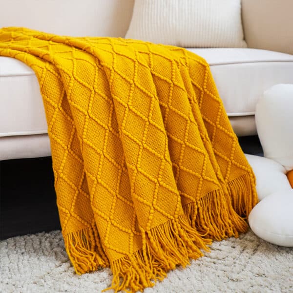 SOGA Yellow Diamond Pattern Knitted Throw Blanket Warm Cozy Woven Cover Couch Bed Sofa Home Decor with Tassels - Image 5