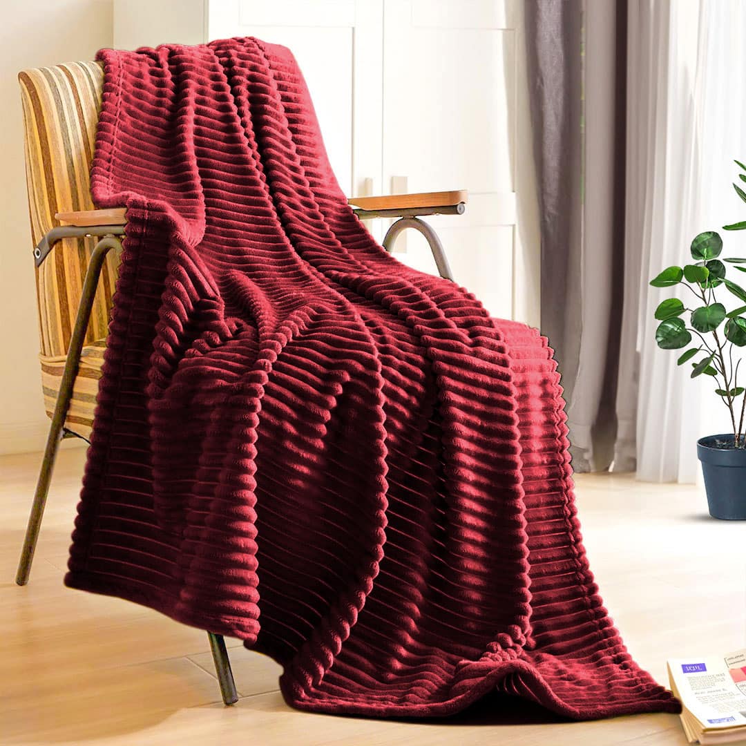 SOGA Burgundy Throw Blanket Warm Cozy Striped Pattern Thin Flannel Coverlet Fleece Bed Sofa Comforter - Image 8