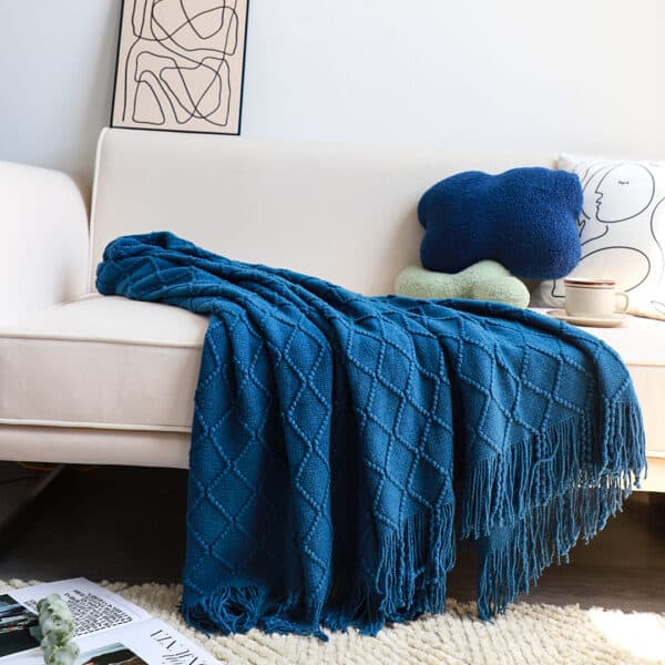 SOGA Royal Blue Diamond Pattern Knitted Throw Blanket Warm Cozy Woven Cover Couch Bed Sofa Home Decor with Tassels - Image 4