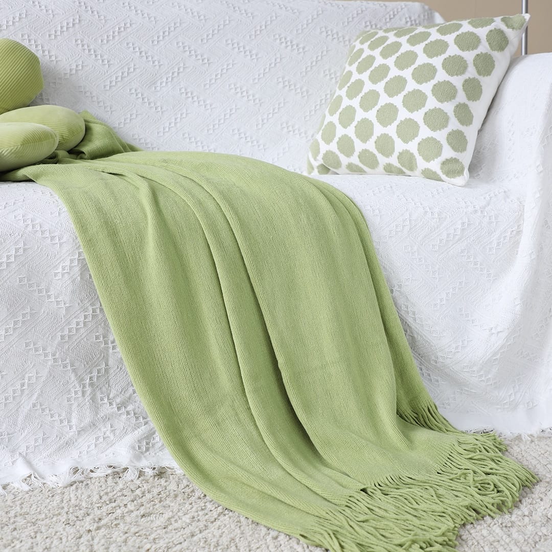SOGA Green Acrylic Knitted Throw Blanket Solid Fringed - Image 5