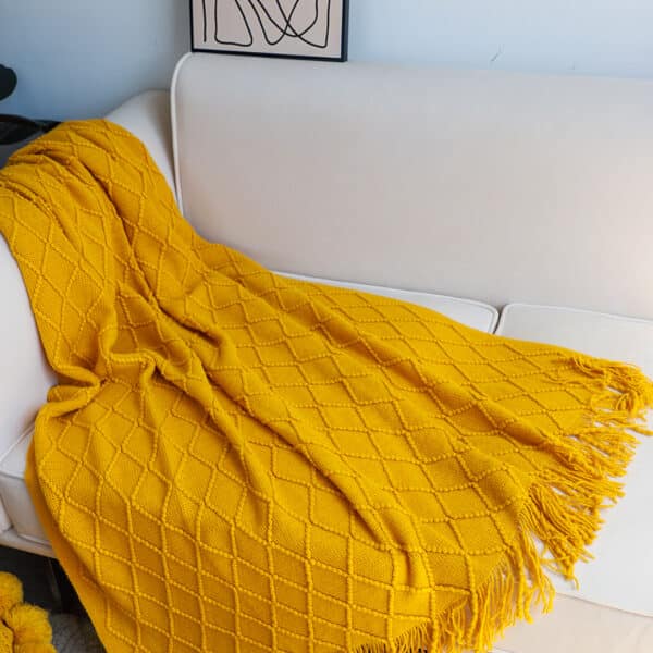 SOGA Yellow Diamond Pattern Knitted Throw Blanket Warm Cozy Woven Cover Couch Bed Sofa Home Decor with Tassels - Image 7