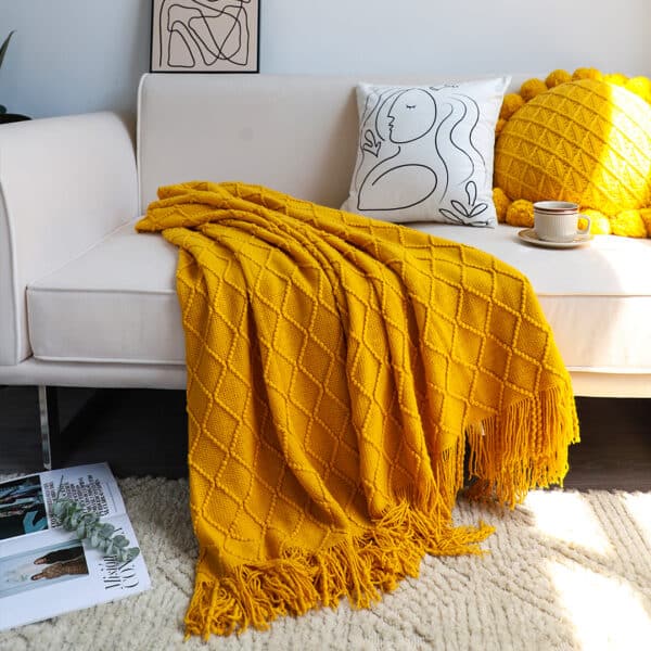 SOGA Yellow Diamond Pattern Knitted Throw Blanket Warm Cozy Woven Cover Couch Bed Sofa Home Decor with Tassels - Image 10