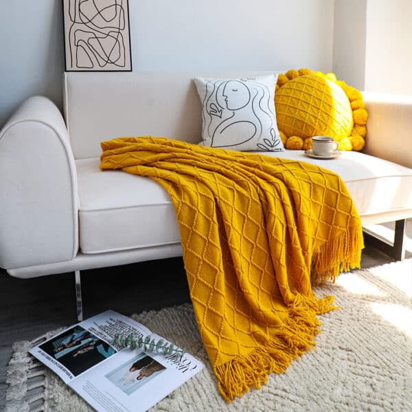 SOGA Yellow Diamond Pattern Knitted Throw Blanket Warm Cozy Woven Cover Couch Bed Sofa Home Decor with Tassels - Image 11