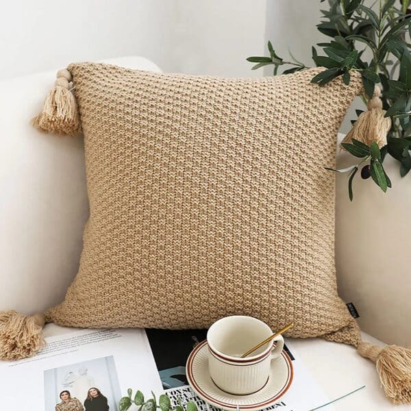 SOGA 50CM Light Brown Pillow with Tassel Accents, Rizzy Transitional Cover Throw Pillow - Image 5