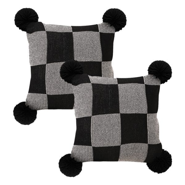 SOGA 2X 45cm Modern Comfort Black & Gray Gingham Pillowcase with Pom Poms - Image 2