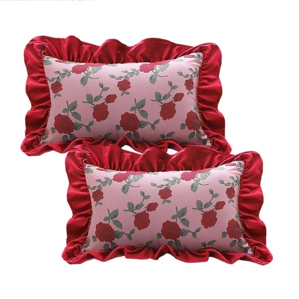 SOGA 2X 30x50cm Rose Print Pillow Cover with Red Ruffle Border - Image 2