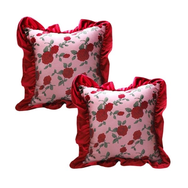 SOGA 2X 45cm Rose Garden Pillow Cover with Burgundy Ruffle - Image 2