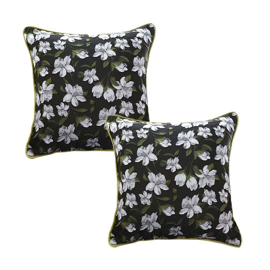 SOGA 2X 45cm Black Floral Pillow Cover with Green Trim - Image 2