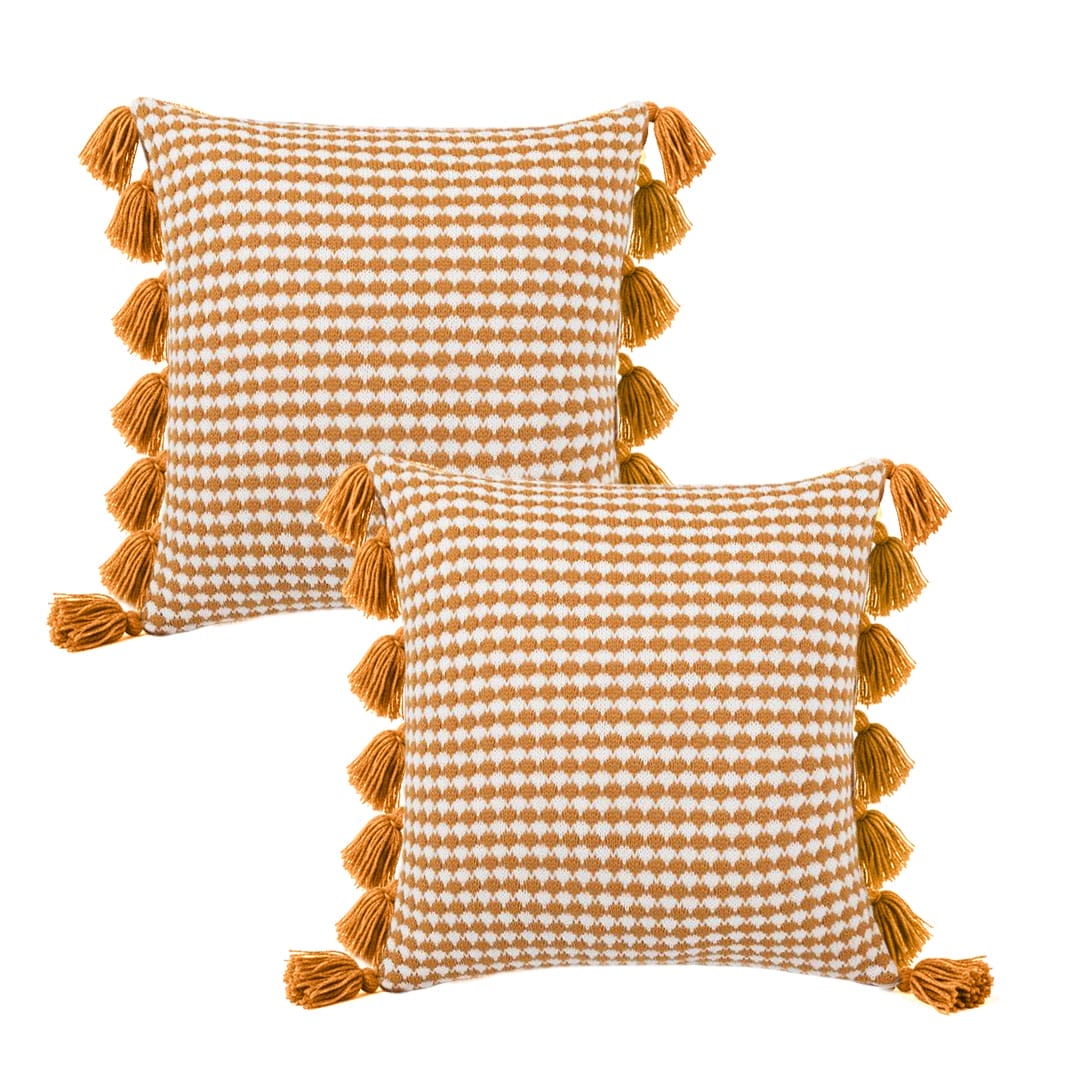 SOGA 2X 45cm Orange Houndstooth Pillow Cover with Tassels - Image 2
