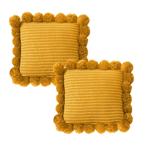 SOGA 2X 45cm Mustard Yellow Ribbed Pillow Cover with Pom Poms - Image 2