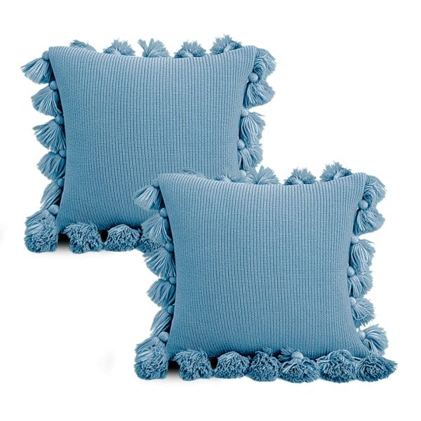 SOGA 2X 45cm Textured Pillowcase with Pom-Pom Trim (Sky Blue) - Image 2