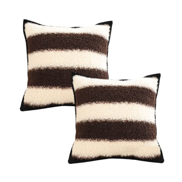 SOGA 2X 45cm Cozy Brown & Cream Striped Bouclé Square Pillowcase - Image 2