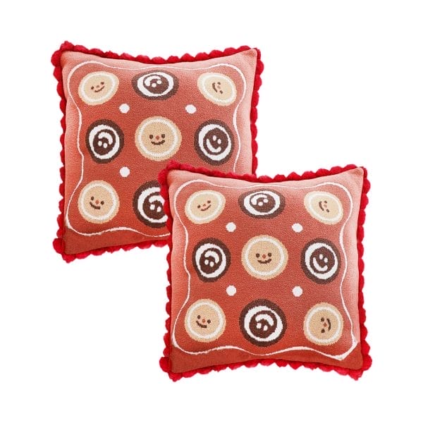 SOGA 2X 45cm Gingerbread Cookie Smiley Face Square Pillowcase with Red Pom-Pom Trim - Image 2