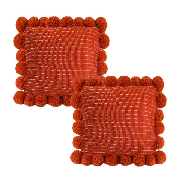 SOGA 2X 45cm Rust Red Ribbed Pillow Cover with Pom Poms - Image 2