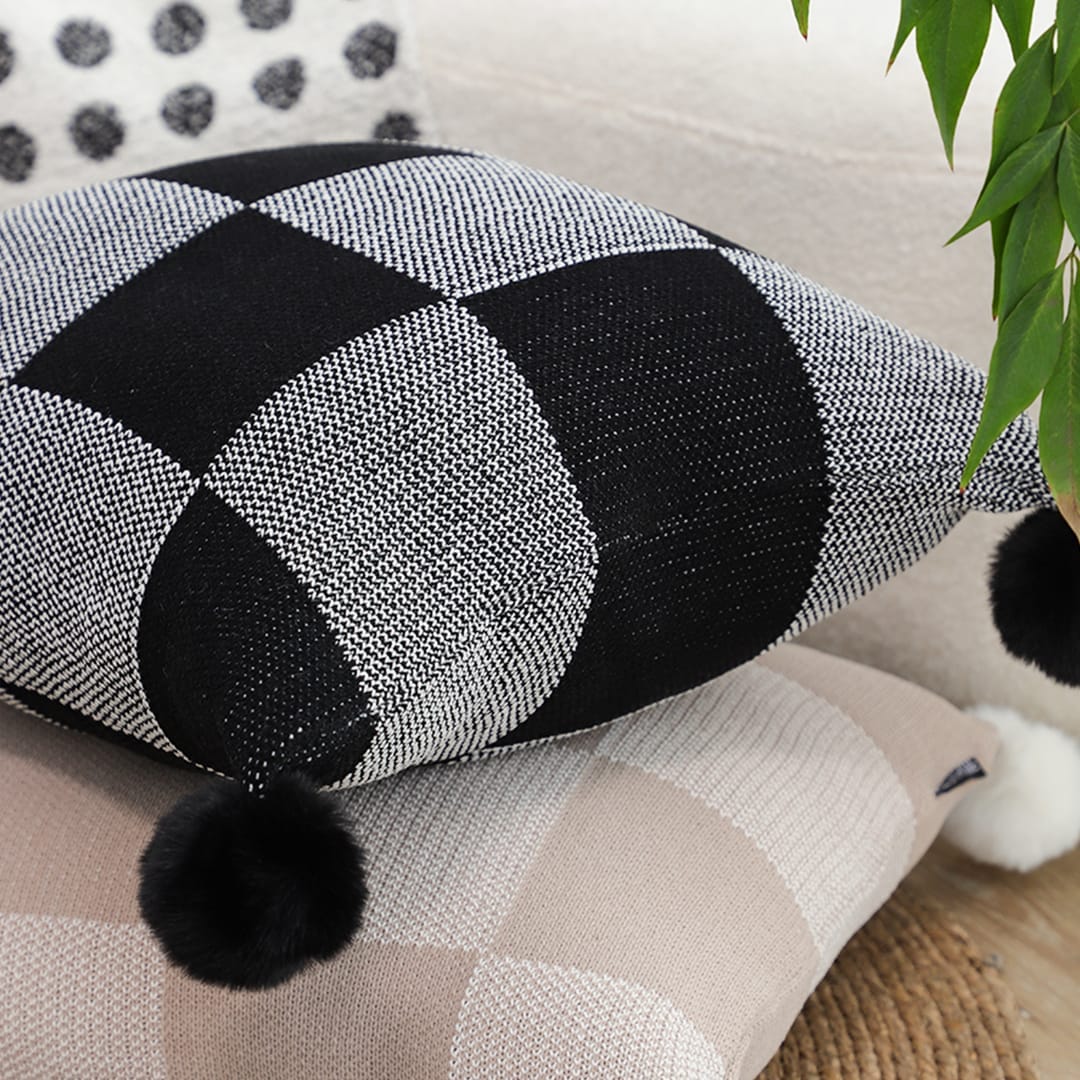 SOGA 2X 45cm Modern Comfort Black & Gray Gingham Pillowcase with Pom Poms - Image 3