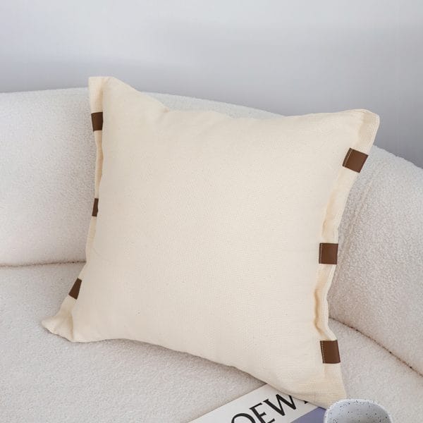 SOGA 2X 45cm Modern Cream Leather Tab Detail Textured Pillowcase - Image 3