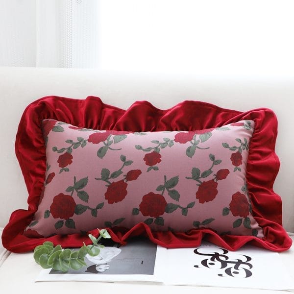 SOGA 2X 30x50cm Rose Print Pillow Cover with Red Ruffle Border - Image 3
