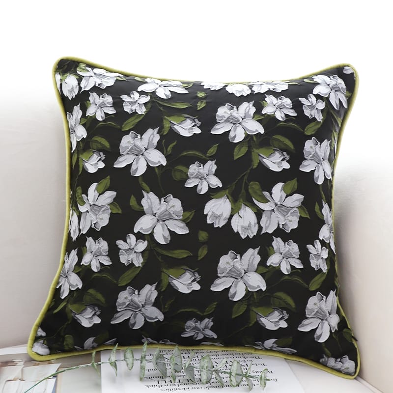 SOGA 2X 45cm Black Floral Pillow Cover with Green Trim - Image 3