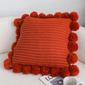 SOGA 2X 45cm Rust Red Ribbed Pillow Cover with Pom Poms