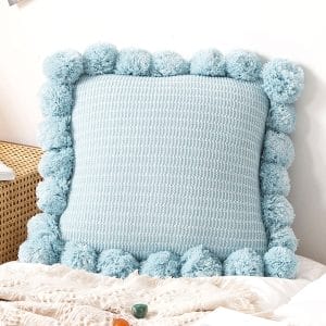 SOGA 2X 45cm Light Blue Ribbed Pillow Cover with Pom Poms
