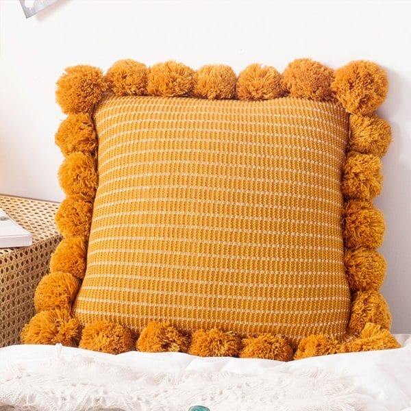SOGA 2X 45cm Mustard Yellow Ribbed Pillow Cover with Pom Poms