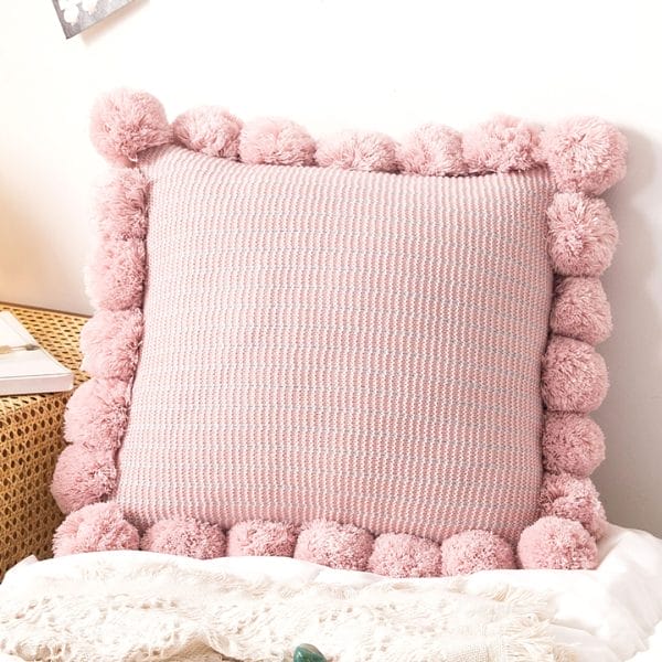 SOGA 2X 45cm Blush Pink Ribbed Pillow Cover with Pom Poms