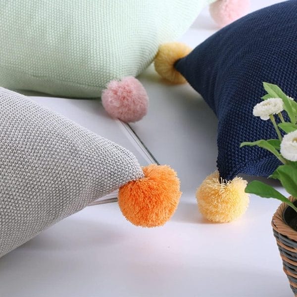 SOGA 2X 45cm Ribbed Knit Pillowcase with Pom-Poms (Light Gray) - Image 3
