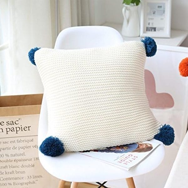 SOGA 2X 45cm Ribbed Knit Pillowcase with Pom-Poms (Cream White) - Image 3