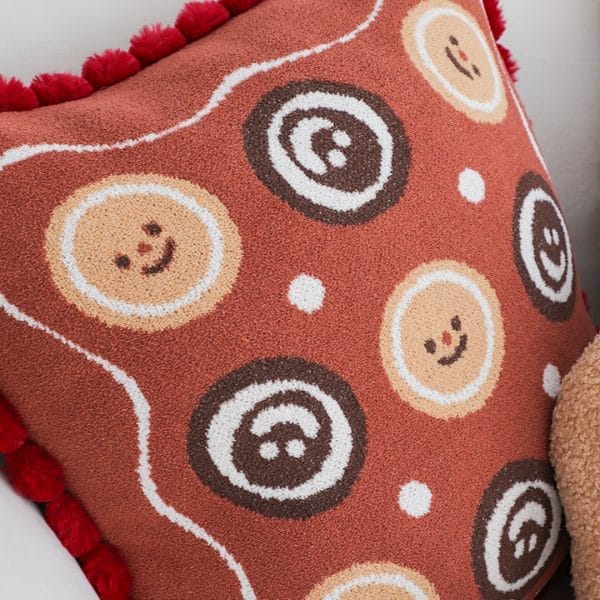 SOGA 2X 45cm Gingerbread Cookie Smiley Face Square Pillowcase with Red Pom-Pom Trim - Image 3