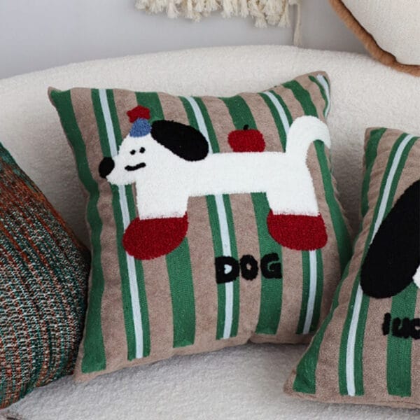 SOGA 2X 45cm Cute Dog Print Green Red White Striped Polyester Decorative Pillowcase - Image 4